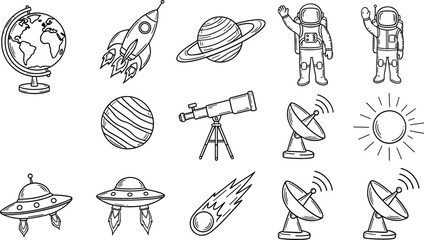 Space Exploration and Astronomy Icon Set with Astronaut, Rocket, Planet, Telescope, Satellite Dish, UFO and Solar System Symbols © PUTUL