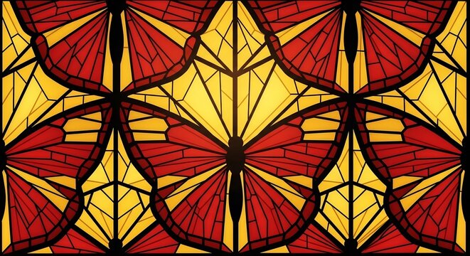 Intricate Stained Glass Butterfly Pattern with Geometric Yellow Accents.