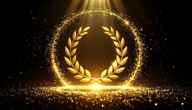Luxury Golden Laurel Wreath with Circular Sparkling Glitter Particles Frame　黒背景に豪華な黄金の月桂冠と円形に輝くグリッター粒子のフレーム背景　イラスト