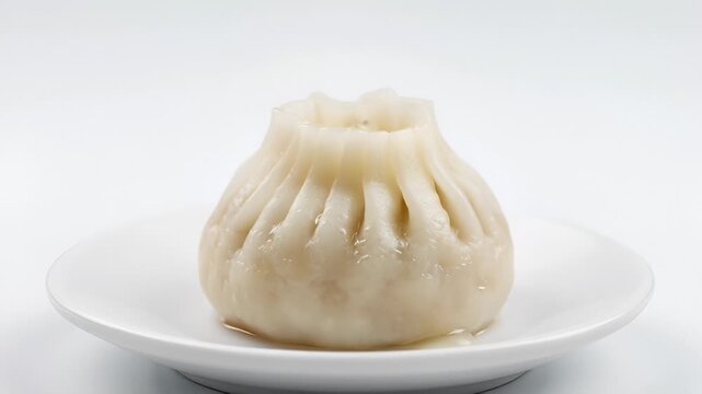 Steaming Hot Soup Dumpling on White Plate, Close-Up Shot With White Background