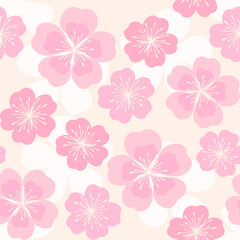 Obraz premium Seamless pink cherry blossom floral pattern on soft beige background