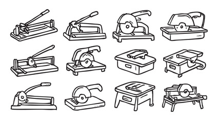 A hand-drawn, black and white seamless pattern featuring a variety of tile cutters and saws, perfect for illustrating construction or home improvement concepts.