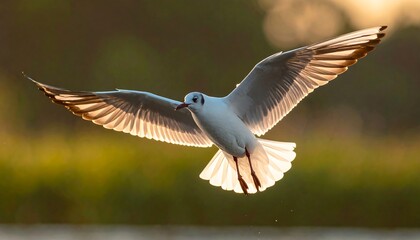 A seagull, illuminated by golden sunlight, soars through the air with outstretched wings. The backdrop is soft green and blurred