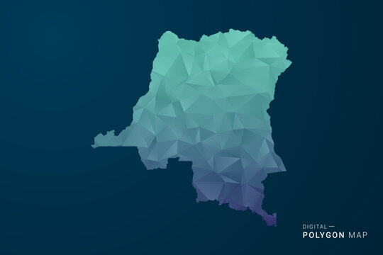 Democratic Republic of the Congo Map - Polygon Style Vector Illustration with Teal Blue Gradient, Low Poly Geometric Design, Digital and Technology Inspired, Clean Silhouette on Dark Background.