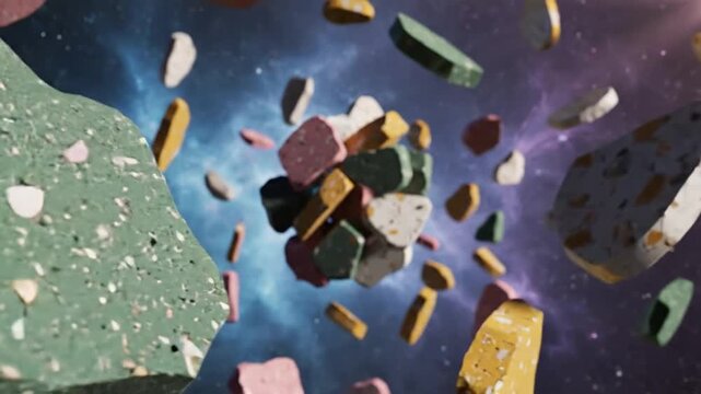 Abstract Colorful Terrazzo Fragments Floating in Cosmic Nebula