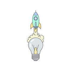 semi-flat vector icon of a rocket launching from a light bulb symbolizing creativity