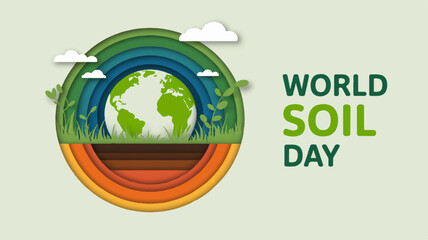 Fototapeta premium World soil day poster with green earth rainbow and soil layers on light green background