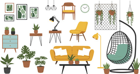 Modern Living Room Furniture and Indoor Plants Set Featuring Sofa, Chairs, Hanging Egg Chair, Lamps, Wall Decor, and Home Interior Elements