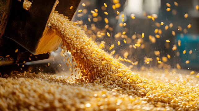 A close up of a mechanical huller in action with rice grains flying out as they are processed under bright golden light showing the agricultural machinery at work during harvest season.