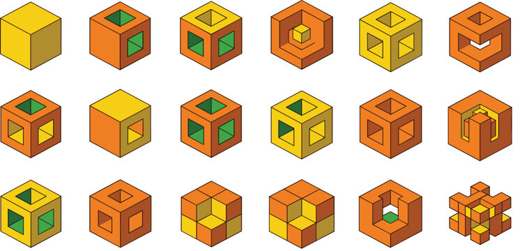 Isometric Cube Construction Set Illustration Showing Modular Block Variations, Geometric Structures, and 3D Puzzle Design Elements
