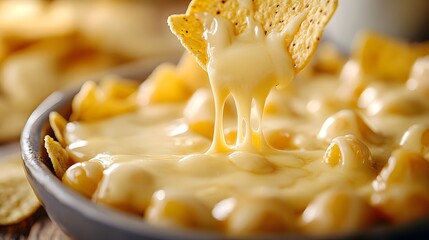 A nacho chip is being dipped into a creamy cheese dip with gooey strings stretching from the chip to the bowl filled with macaroni and cheese ingredients surrounding it.