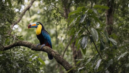 A vibrant toucan perched on a branch amidst lush green foliage of a rainforest canopy