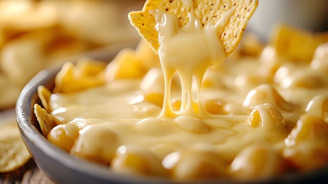 A nacho chip is being dipped into a creamy cheese dip with gooey strings stretching from the chip to the bowl filled with macaroni and cheese ingredients surrounding it.