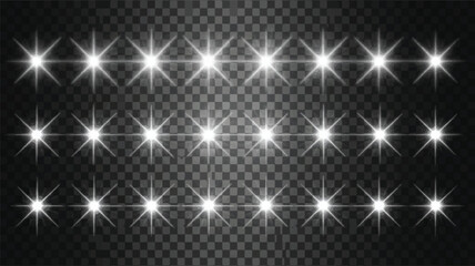 Obraz premium Collection of bright white starbursts or lens flares on a transparent background representing light effects and flashes