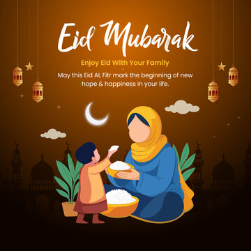 Eid Al Fitr Mubarak Banner Illustration of a Muslim Mother and Son Sharing Food for Zakat with Mosque Silhouette Background and Golden Hanging Lanterns Social Media Post Design Template
