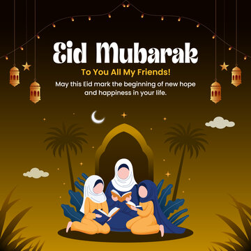 Eid Mubarak Greeting Banner with Illustration of a Muslim Mother Reading Quran with Her Two Daughters, Palm Trees, Hanging Lanterns, and Golden Arch  Social Media Post