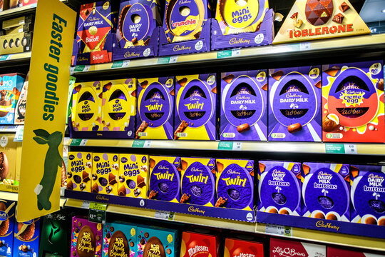 Selection Of Festive Milk Chocolate Easter Eggs Confectionery On Supermarket Shelves