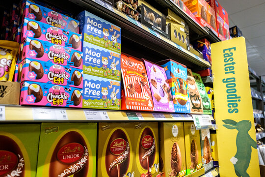 Selection Of Festive Milk Chocolate Easter Eggs Confectionery On Supermarket Shelves