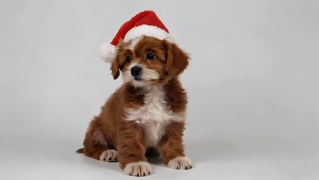 An adorable and festive small dog with a reddish-brown coat wearing a classic holiday Santa Claus hat while positioned on a plain white backdrop