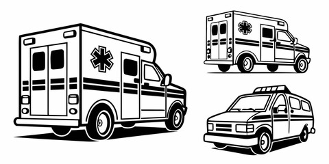 Illustration of various emergency vehicles including an ambulance and a fire truck Vector © rabbi