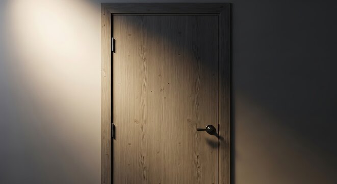 Illuminated wooden door set against a gradient wall backdrop indoors