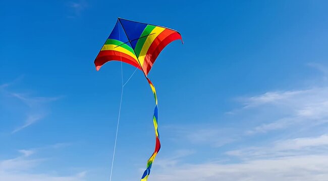 Colorful kite dances gracefully against a vibrant blue sky on a sunny day