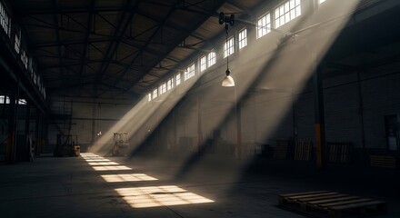 Obraz premium Industrial warehouse interior bathed in ethereal sunlight, an industrial space