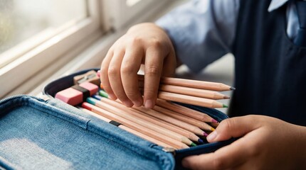 Students hands organizing colored pencils into a blue pencil case.