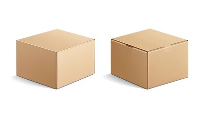Fototapeta premium Two brown, square, cardboard boxes are featured, one open and one closed, against a white background