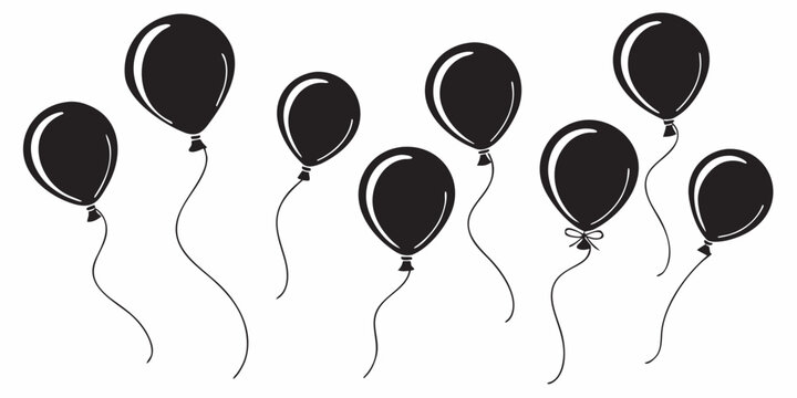 A group of black balloons with long strings floating in the air Vector