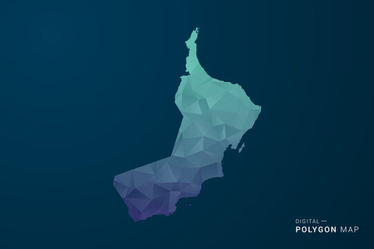 Oman Map - Polygon Style Vector Illustration with Teal Blue Gradient, Low Poly Geometric Design, Digital and Technology Inspired, Clean Silhouette on Dark Background.