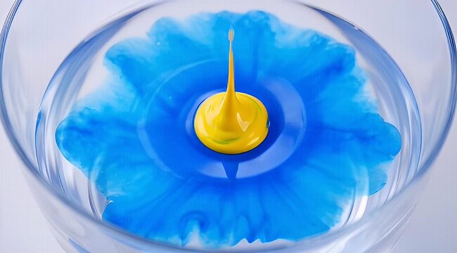 Close up of vibrant yellow paint drop over blurred blue pigment