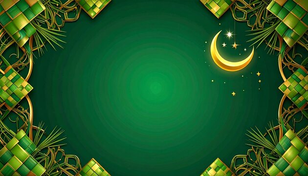 Empty center space for text, decorative border with Ketupat woven palm leaves, Islamic geometric patterns, crescent moon and stars, Eid al-Fitr theme, green and gold colors, festive Islamic background