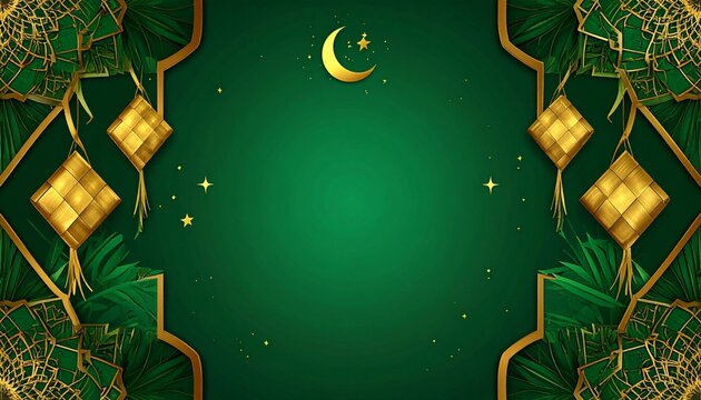 Empty center space for text, decorative border with Ketupat woven palm leaves, Islamic geometric patterns, crescent moon and stars, Eid al-Fitr theme, green and gold colors, festive Islamic background