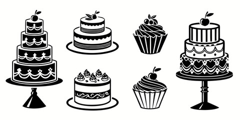 An assortment of beautifully decorated cakes and cupcakes displayed on stands Vector © rabbi