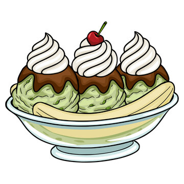 Delicious banana split vector illustration with scoops of green ice cream, whipped cream, chocolate sauce, and a cherry topping.