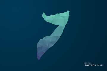 Naklejka premium Somalia Map - Polygon Style Vector Illustration with Teal Blue Gradient, Low Poly Geometric Design, Digital and Technology Inspired, Clean Silhouette on Dark Background.