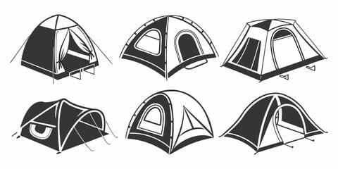 A variety of tents displayed in a row, showcasing different shapes and designs. Vector © rabbi