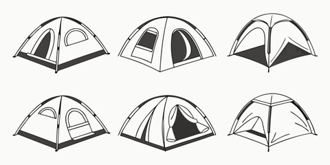 A collection of various types of camping tents illustrated in black and white Vector © rabbi