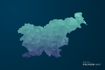 Obraz premium Slovenia Map - Polygon Style Vector Illustration with Teal Blue Gradient, Low Poly Geometric Design, Digital and Technology Inspired, Clean Silhouette on Dark Background.