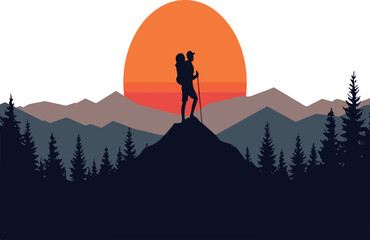 Silhouette of a Hiker: a lone silhouette of a hiker stands atop a mountain ridge, a backpack and walking stick in hand, set against the backdrop of a vibrant sunset over a majestic landscape. © Sadek