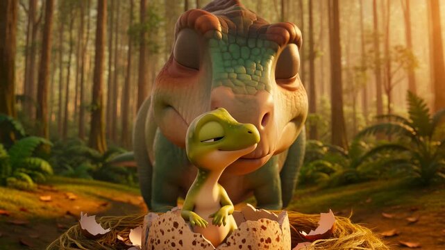 Cute cartoon baby dinosaur hatching from egg with loving mother in lush forest setting animation render