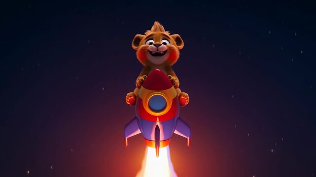 Cute cartoon lion on rocket ship flying through space animation for childrens content and educational backgrounds