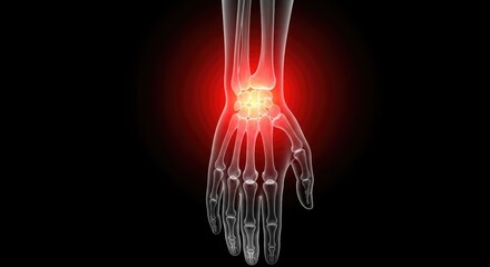 Glowing wrist joint with bones and red light on black background