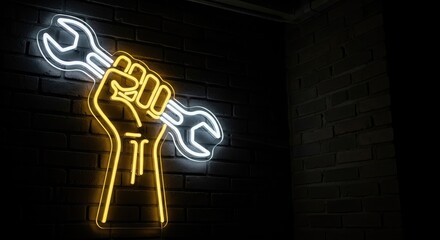 Neon sign of a raised fist holding wrenches in yellow and blue