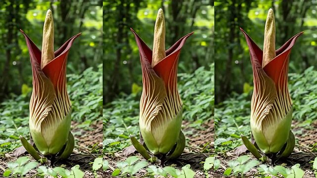 Titan arum trio, showing large maroon spathe & spadix, with green foliage background