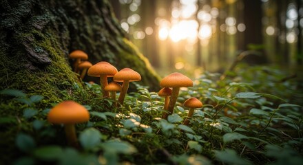 Vibrant orange mushrooms growing near a tree in a forest