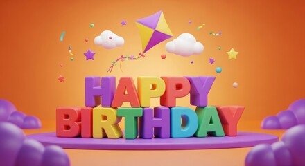 Vibrant 3d happy birthday cake with kite and confetti