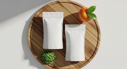 Skincare products on a wooden plate with herbs