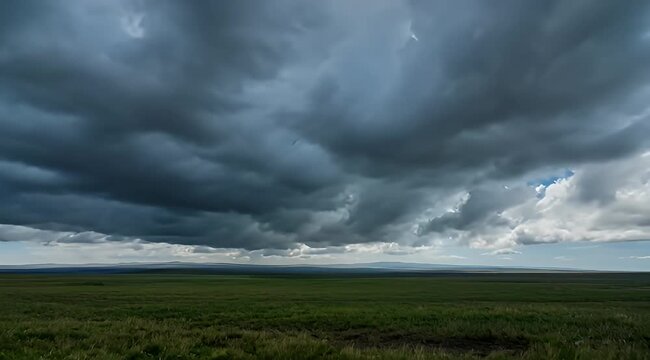 Dramatic clouds loom over a verdant plain, foretelling an approaching storm